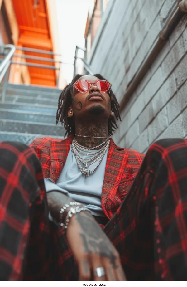 A man with dreadlocks is sitting on the stairs and looking up