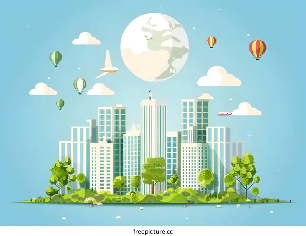 Green City with Earth and Hot Air Balloons