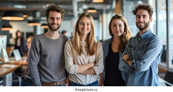 portrait of four smiling young people in a modern office space