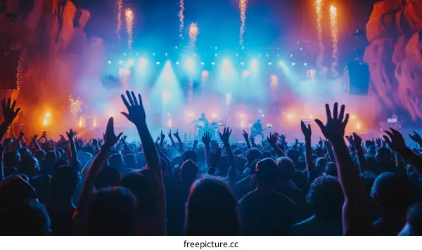 Audience watching a live music concert with raised hands