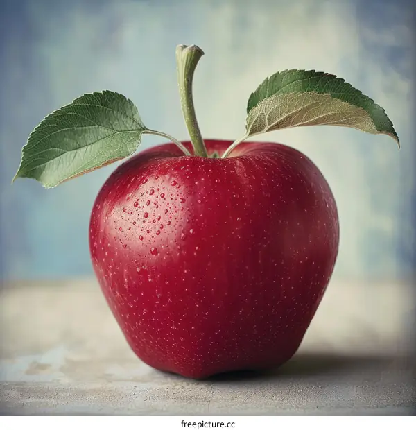 A red apple with green leaves on a wooden table