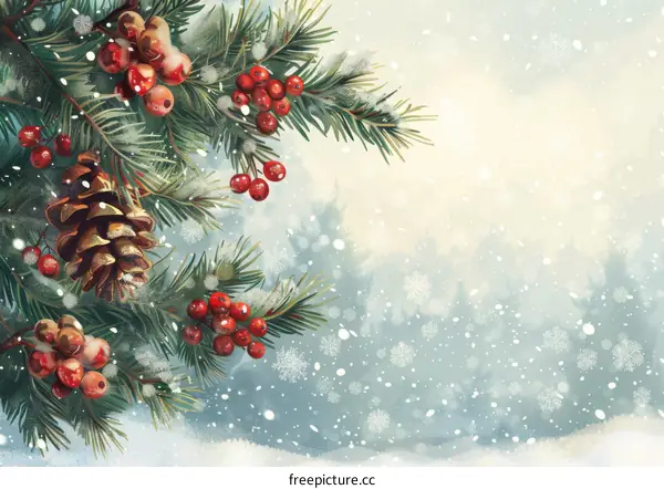 Christmas Illustration of Berries, Pine Tree, and Snowflakes
