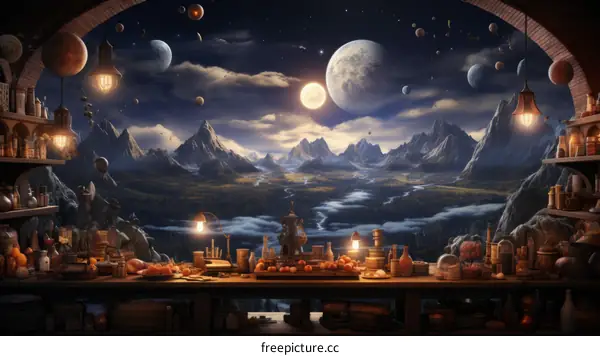 fantasy landscape with mountains and a starry night sky