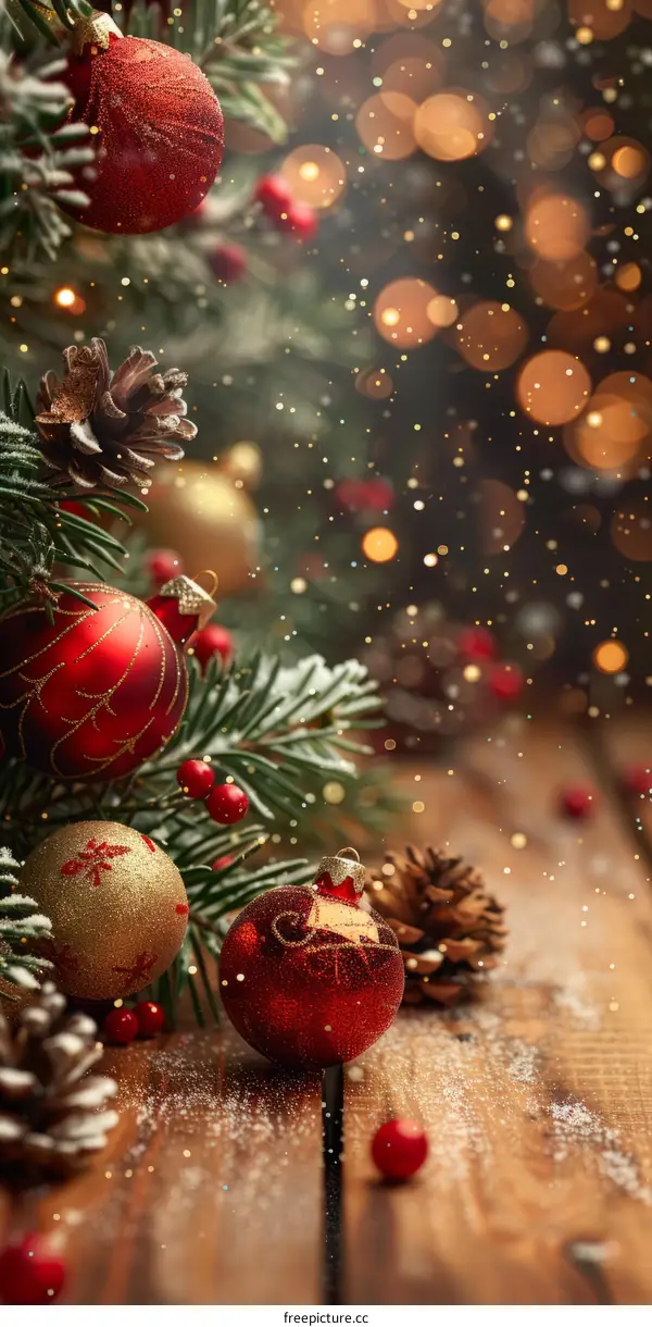 Christmas Tree with Red and Gold Ornaments and Pine Cones