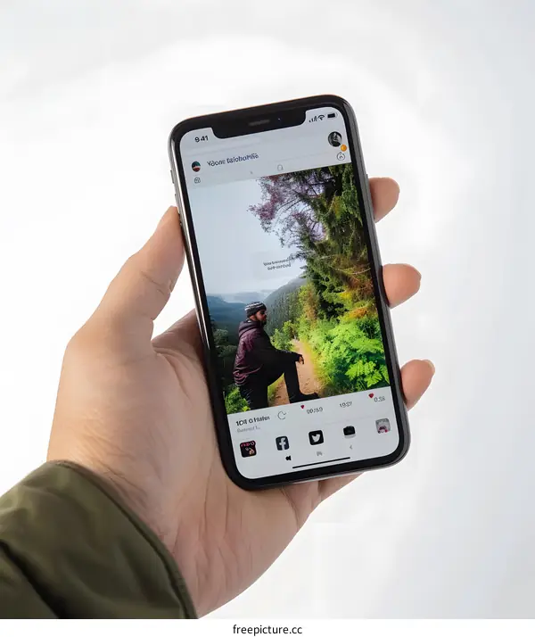 Man Sitting on a Trail in the Forest, Seen on a Smartphone Screen