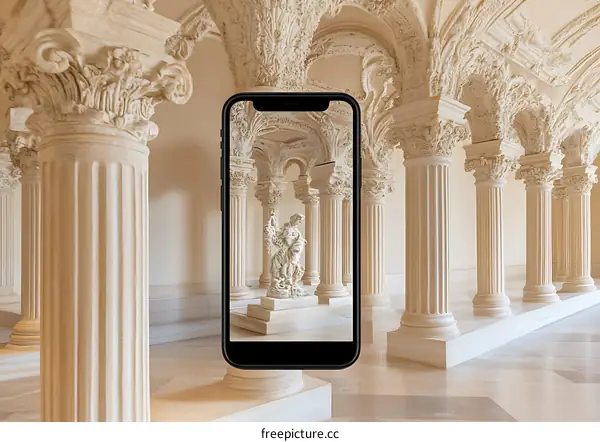 Smartphone Displaying a Photo of a Classical Sculpture in a Museum Hall