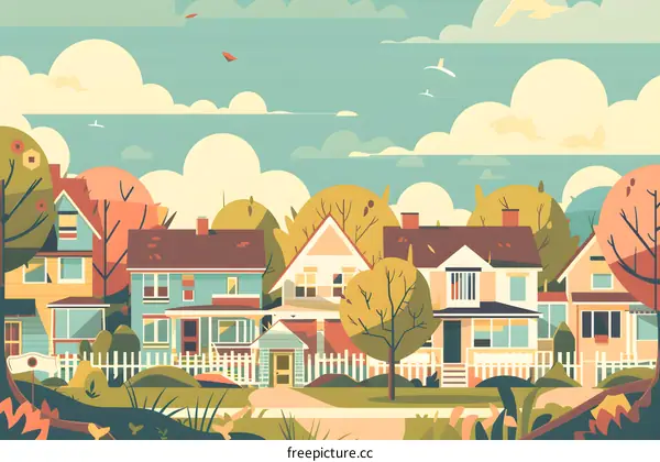 Suburban Homes Illustration with White Fences and Green Grass