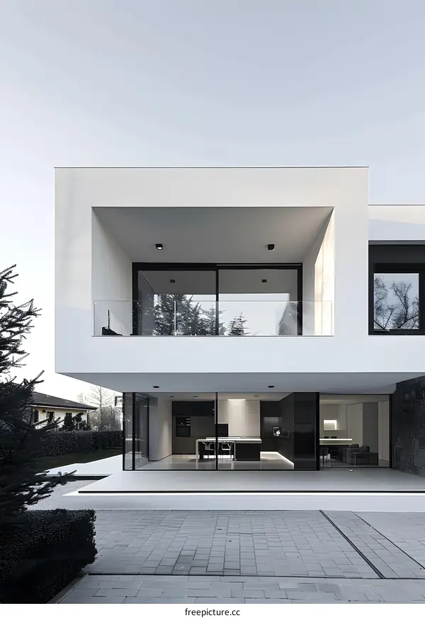 Modern Minimalist House with Large Windows and Glass Balcony