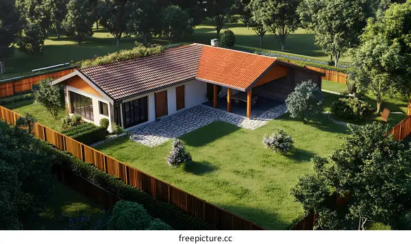 Modern House with Patio and Green Lawn