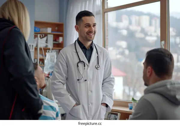 Smiling doctor talking to patient and relative in hospital room