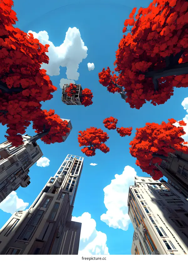 Futuristic Cityscape with Red Trees and Tall Buildings