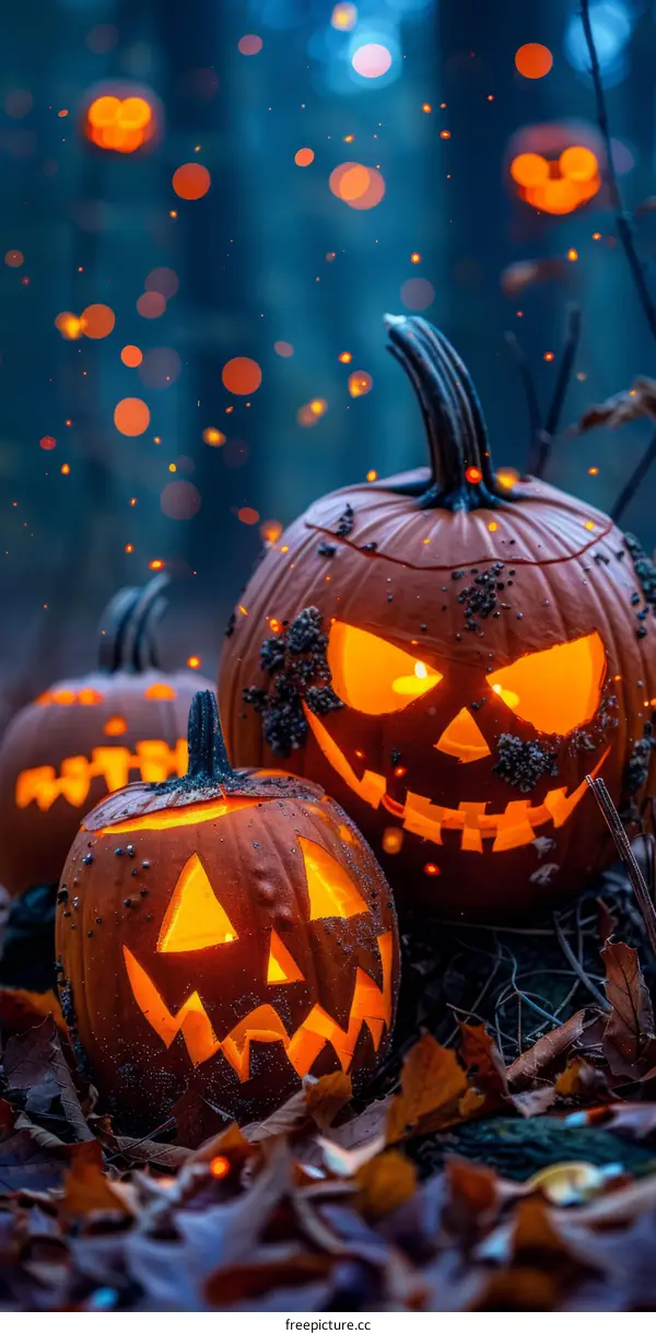 Halloween Pumpkins in Dim Forest