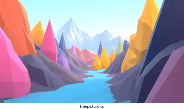 Low Poly Mountains and River Landscape