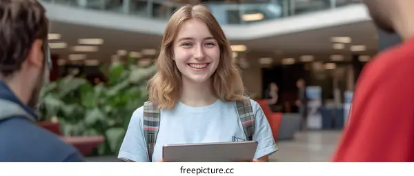 Smiling Young Woman Student Holding Tablet In University Hallway