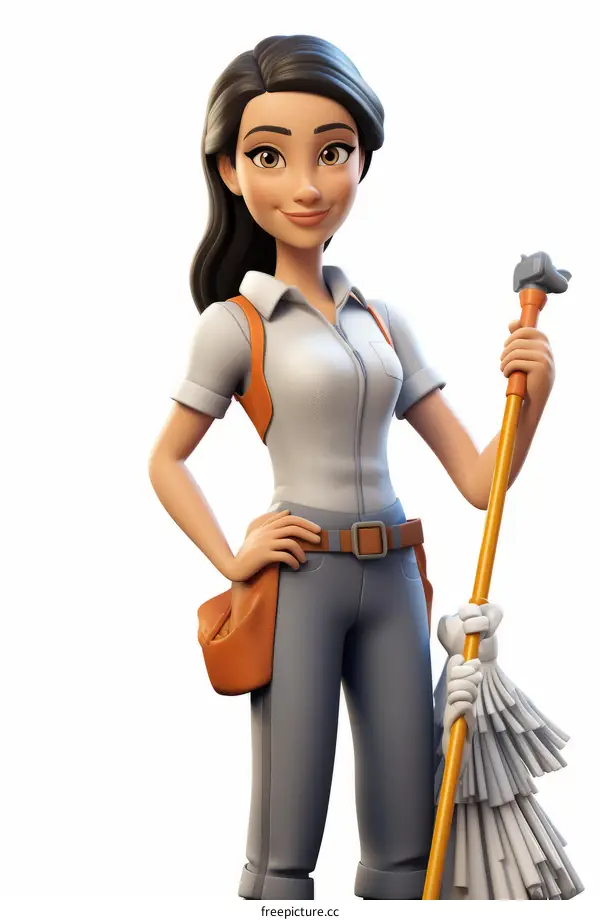 Smiling Woman Holding a Mop