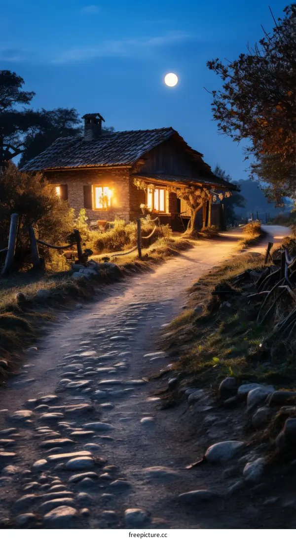 A cobblestone path leads to a small cottage in the woods at night