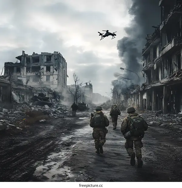 Soldiers Walking Through Destroyed City With Drone Flying Above