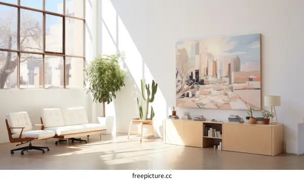 Modern living room interior with large windows, plants, and a large painting