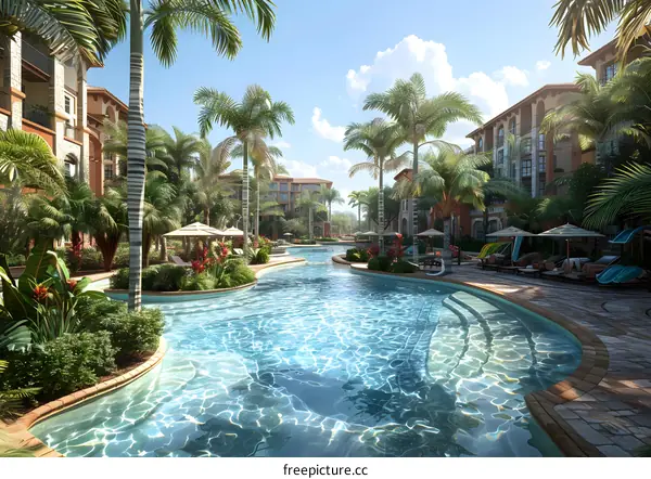 Tropical resort swimming pool with lush landscaping