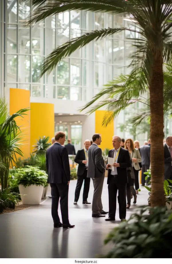 Business people having informal discussion in a tropical atrium