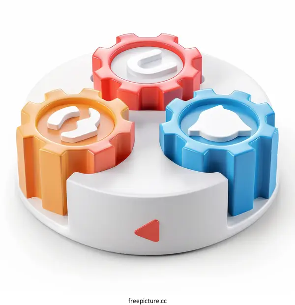 3d illustration of three colorful gears with symbols on a white surface