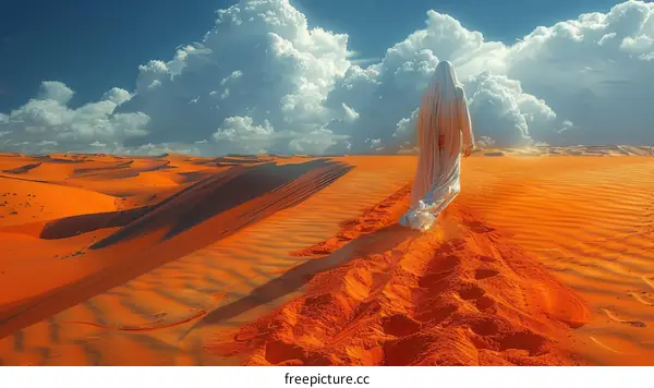 A woman in a white dress walks through a desert landscape