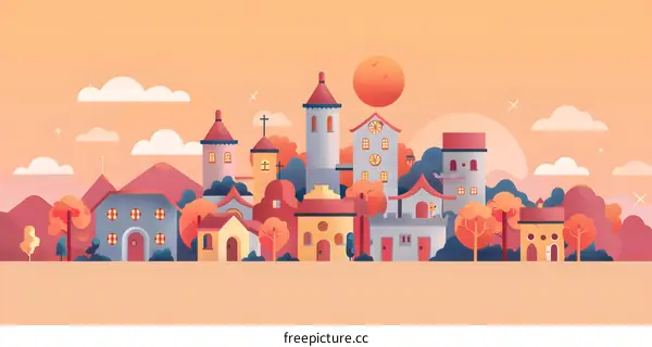 Sunset View of a Small Town with Houses and Buildings