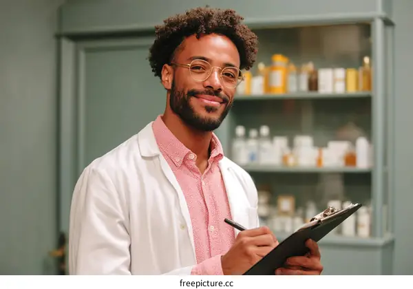 Smiling African American Doctor Writing on Clipboard in Pharmacy