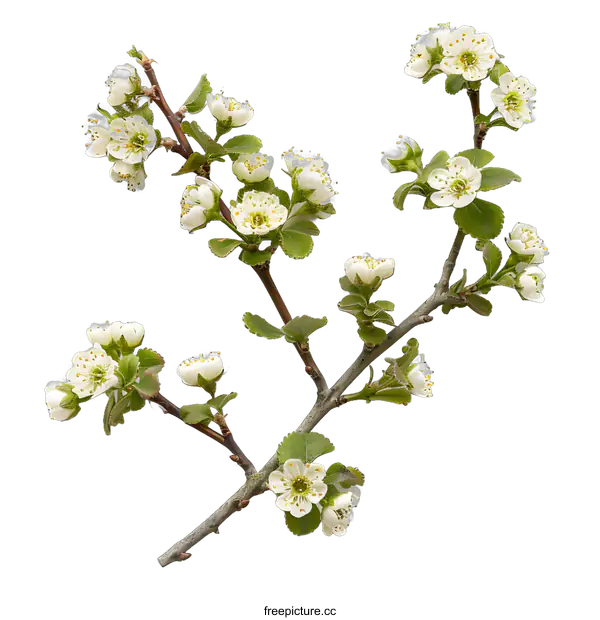 [Transparent Background PNG]Close-up of a flowering branch with white flowers and green leaves on a white background