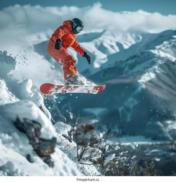 A snowboarder jumps off a cliff