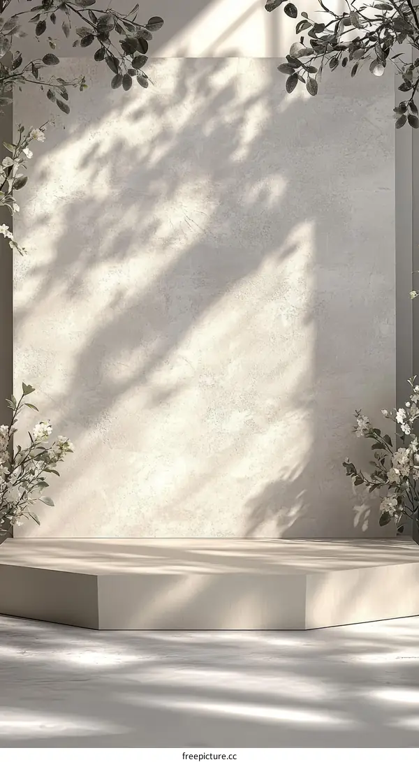 Beige Display Podium with Natural Light and Greenery