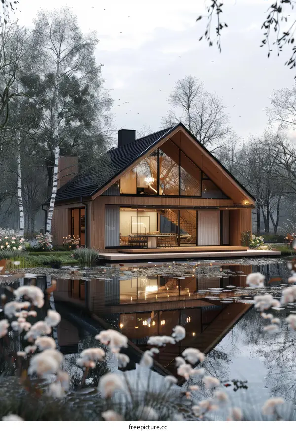 Modern house with large glass windows surrounded by serene lake nature