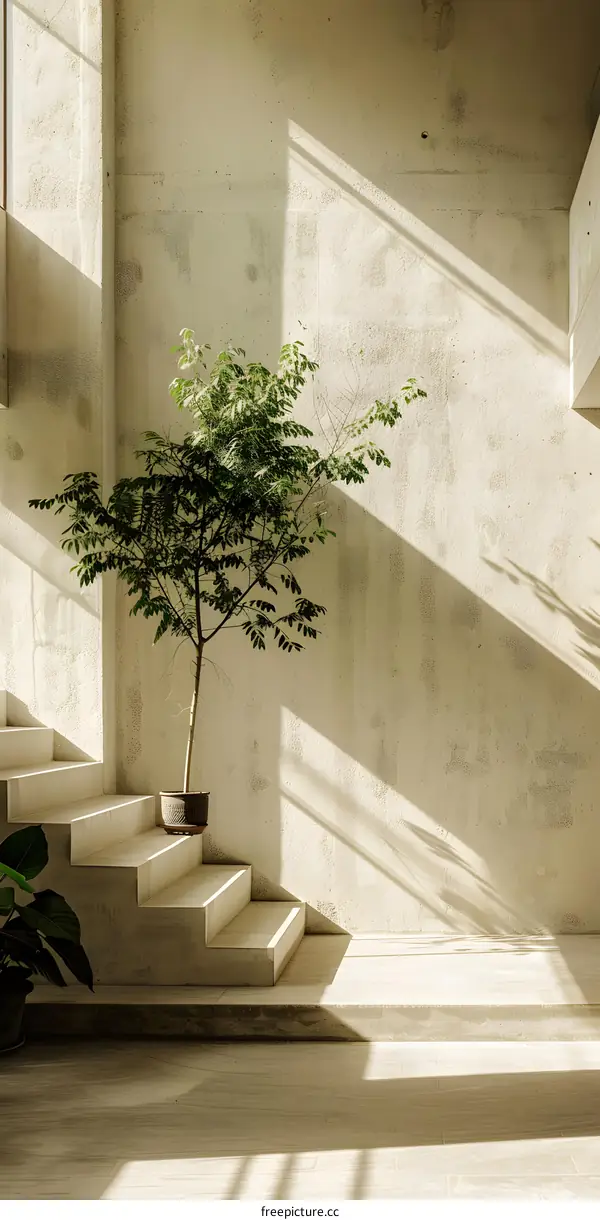 Minimalist Concrete Stairs With Green Plant And Sunbeams