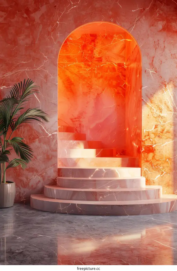 3d rendering of a pink marble podium with a pink background and a palm tree