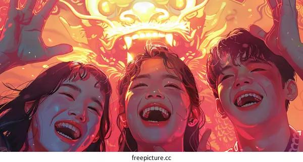 Three friends celebrating Lunar New Year with a traditional dragon dance performance