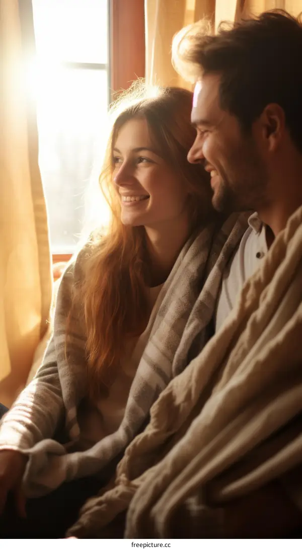 Young couple sitting on the couch and looking out the window