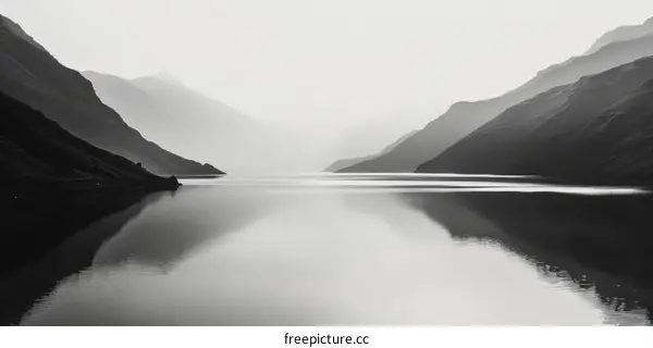 Black and white landscape of a lake in the mountains