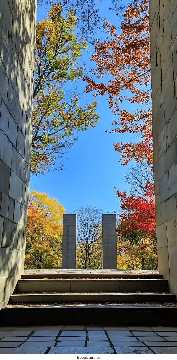Autumn Leaves View Through Stone Frame