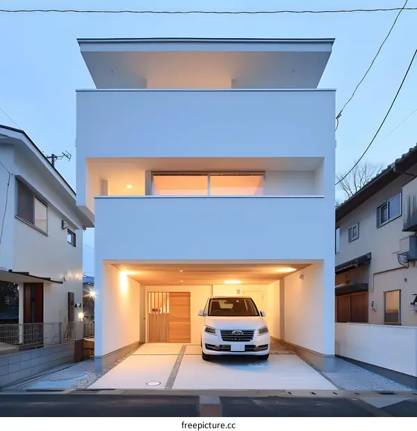Modern White House with a Car in the Garage