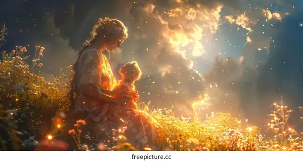 Mother and Child Embrace in a Magical Field