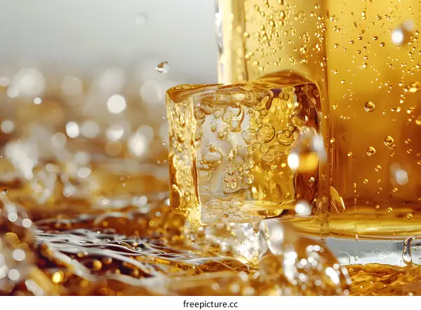 Ice Cube in Golden Liquid with Splashing Water