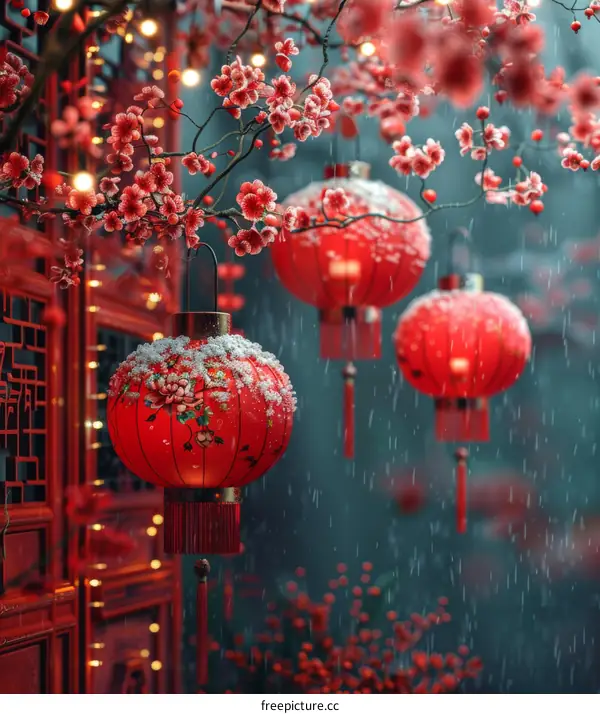 Red Lanterns Hanging on a Snowy Tree