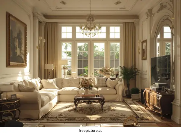 Bright spacious living room with white sofa and large windows