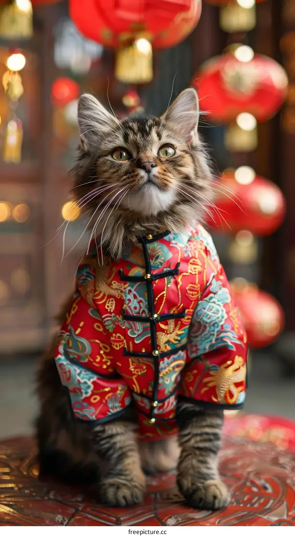 A cat wearing a traditional Chinese outfit is sitting on a table.
