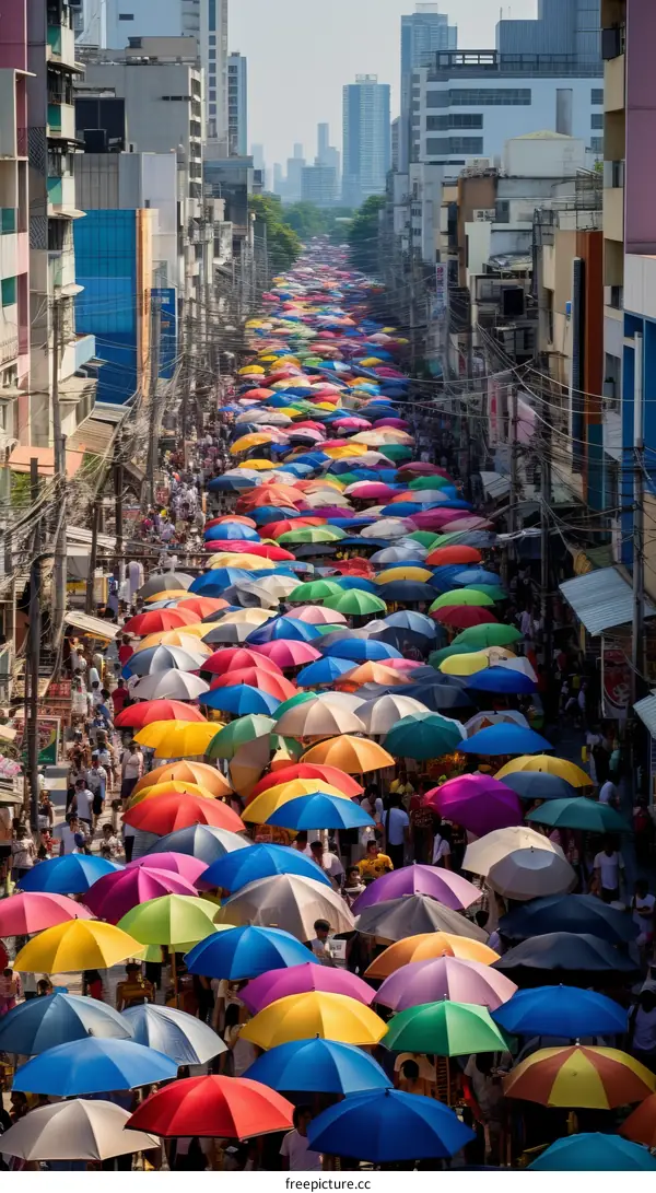 Crowded street market with colorful umbrellas