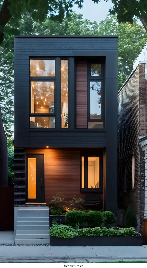 Modern Black Brick House Exterior Design with Large Windows and Wooden Accents