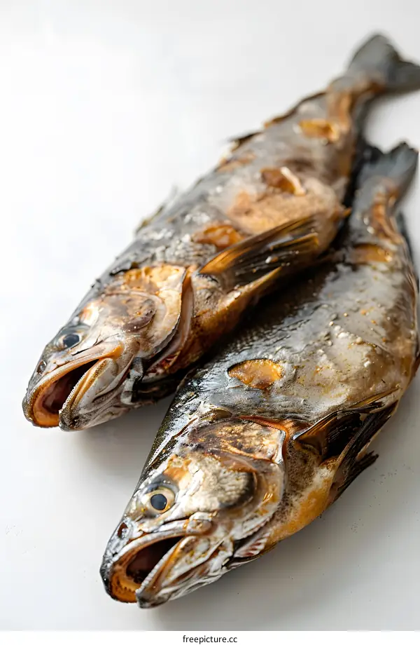 Two grilled fish on a white background