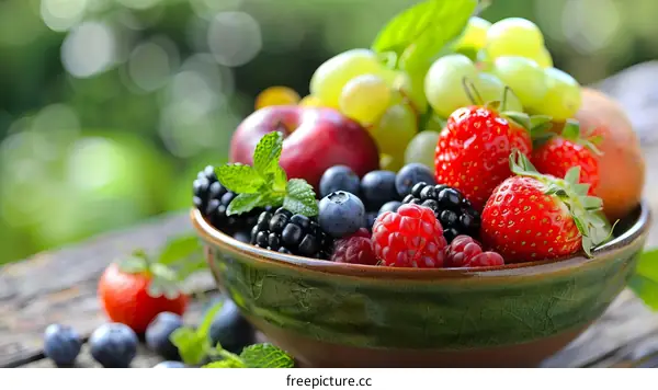 A bowl of fresh fruits including strawberries, blueberries, blackberries, grapes, and apples