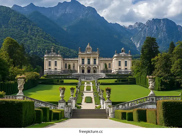 Italian Palace with Green Gardens and Mountain View