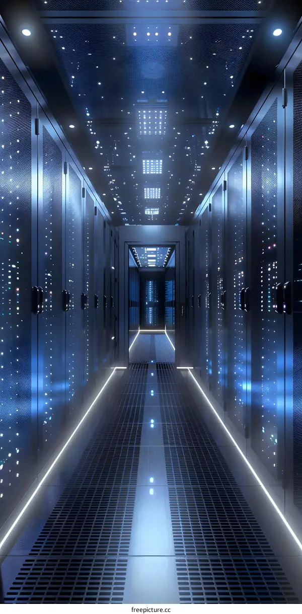 Server Room Interior Corridor With Blue Lights